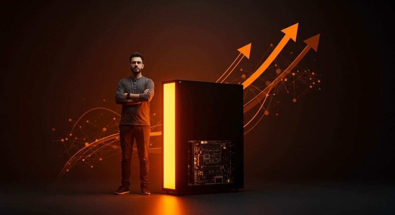 Fundador de startup de hardware posando con prototipo, mostrando financiación estratégica y producto validado en ronda Serie C.