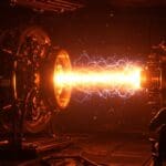 Reactor de fusión nuclear futurista y científico observando progreso tecnológico en energía limpia y eficiente con paleta ecosistema startup.