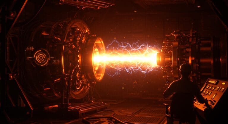 Reactor de fusión nuclear futurista y científico observando progreso tecnológico en energía limpia y eficiente con paleta ecosistema startup.