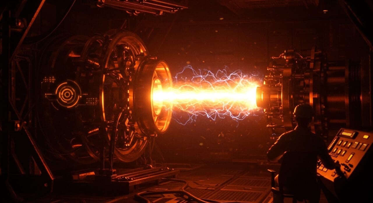 Reactor de fusión nuclear futurista y científico observando progreso tecnológico en energía limpia y eficiente con paleta ecosistema startup.