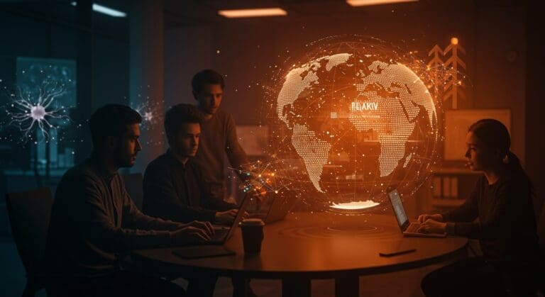 Fundadores de startups colaborando con visualizaciones de inteligencia artificial y conexiones internacionales, ilustrando tendencias clave en VC y la expansión global de Peak XV.