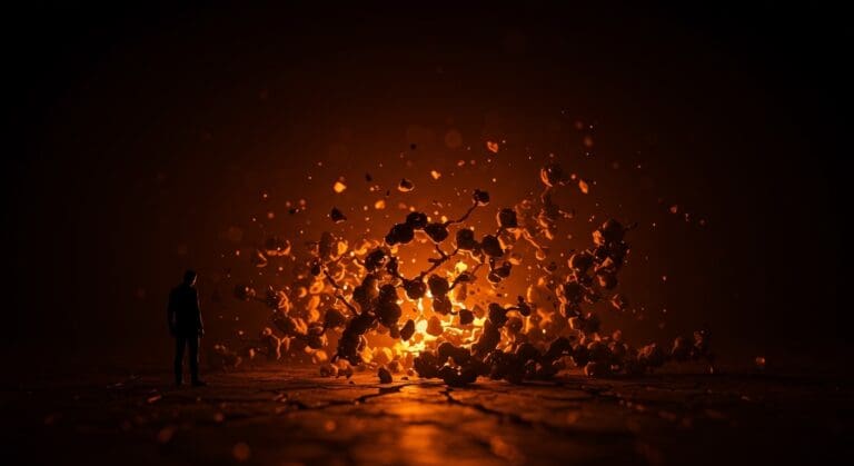 Peter Attia dejando un startup healthtech simbolizado por estructuras digitales fracturadas en tonos naranja y negro, reflejando una crisis reputacional en longevidad y tecnología médica.