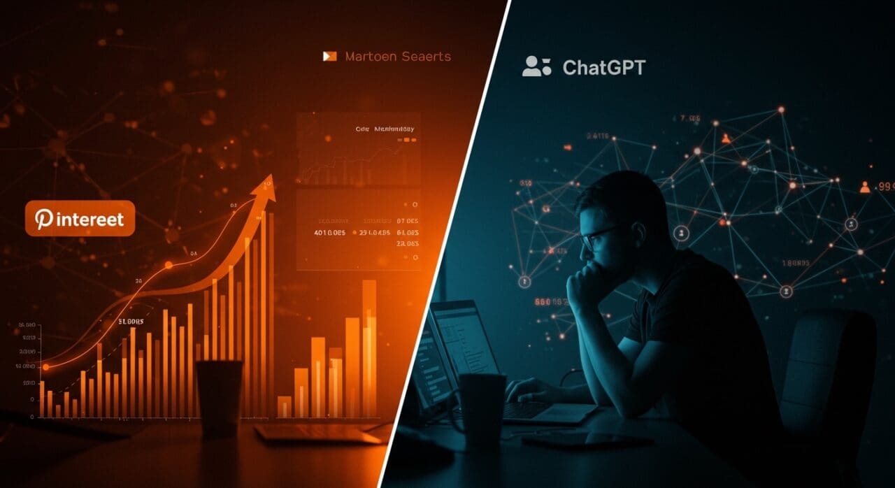 Comparativa visual entre Pinterest y ChatGPT en búsquedas y resultados financieros con enfoque en métricas y estrategia para startups tecnológicas.