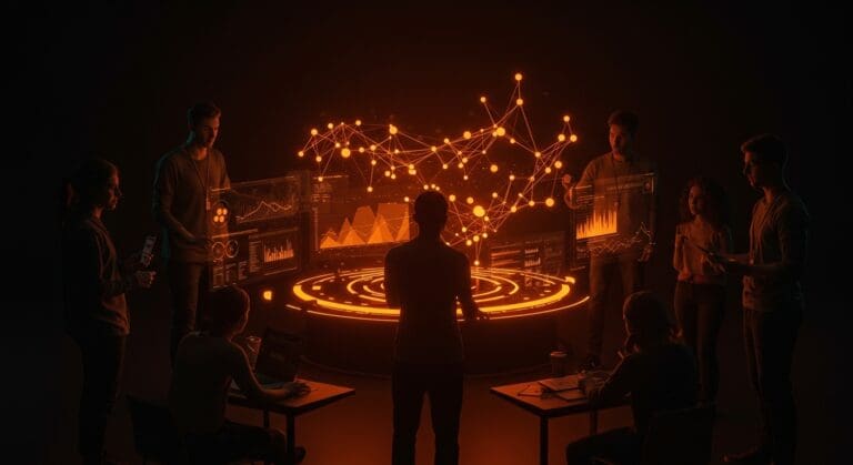 Plataforma Polis open-source usando inteligencia artificial para consenso a escala en comunidades y startups con visualizaciones de clusters semánticos en colores naranja y negro.