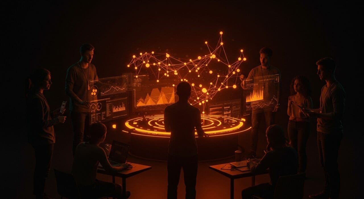 Plataforma Polis open-source usando inteligencia artificial para consenso a escala en comunidades y startups con visualizaciones de clusters semánticos en colores naranja y negro.