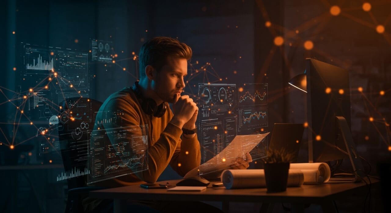 Desarrollador de software analizando requisitos digitales, destacando comprensión de proyectos y productividad en startups tecnológicas.