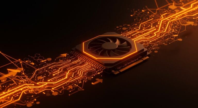 Optimización de GPU y entrega de datos en infraestructura de IA, mostrando GPU inactiva y flujo de datos como metáfora visual del desafío de utilización eficiente.