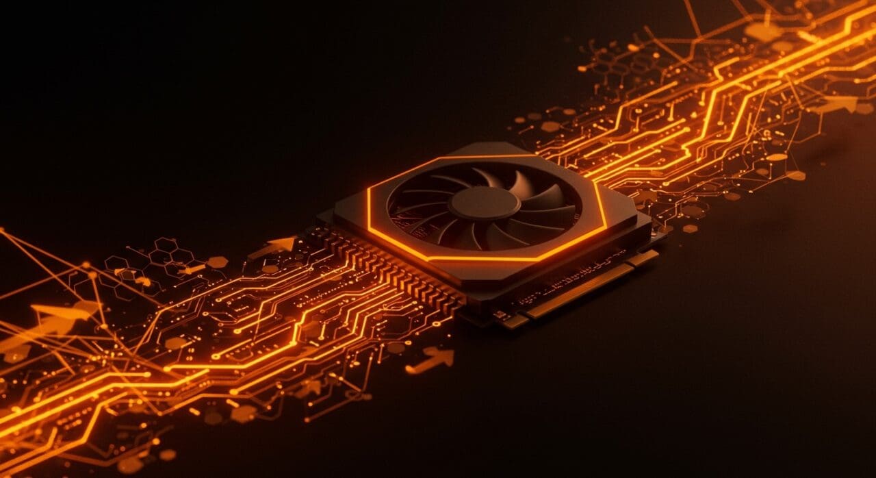 Optimización de GPU y entrega de datos en infraestructura de IA, mostrando GPU inactiva y flujo de datos como metáfora visual del desafío de utilización eficiente.