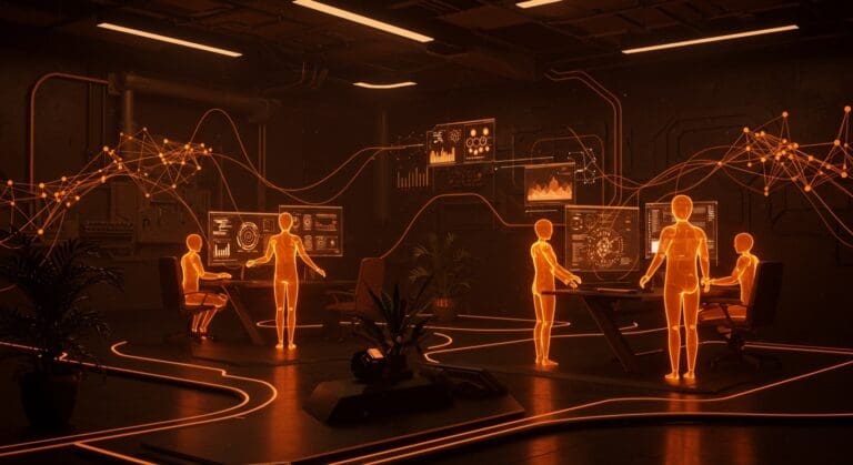 Visualización futurista de microagentes colaborando en tiempo real con IA aplicada en retailtech para gestionar contexto granular y automatización e-commerce.