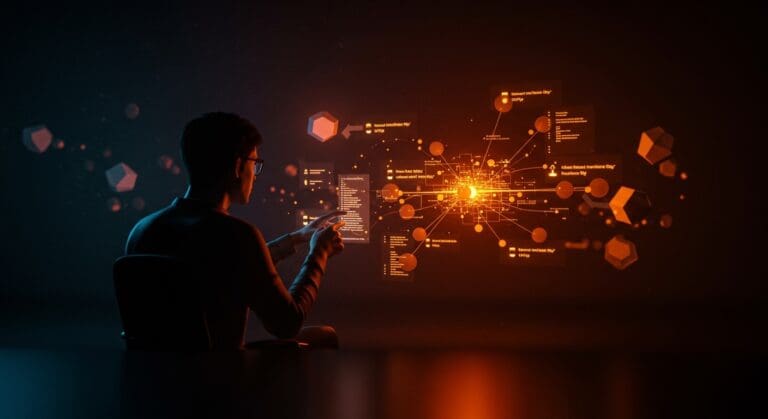 Desarrollador analizando programación funcional y retos en sistemas distribuidos con metáforas visuales de despliegue continuo y compatibilidad de versiones.