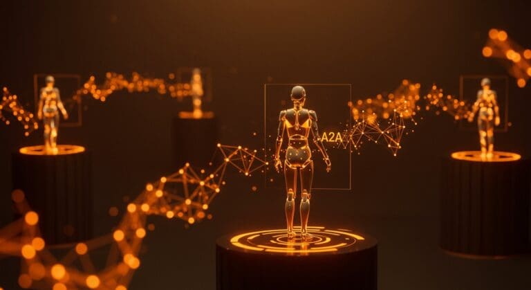 Protocolo A2A mostrando comunicación eficiente entre agentes IA para automatización inteligente en startups.