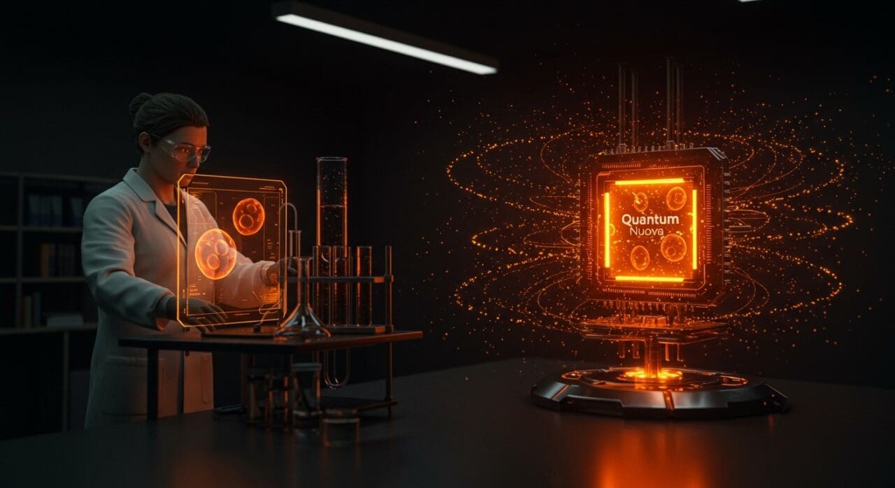 Laboratorio avanzado con sensor cuántico en acción para análisis celular en cáncer y drug discovery, plataforma Quantum Nuova de QT Sense.