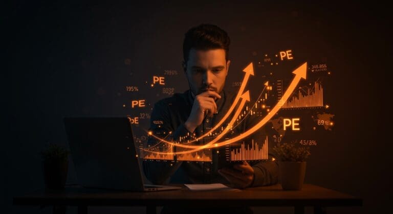 Fundador tech analizando gráficos financieros sobre retornos bursátiles y factores clave del mercado de valores con estilo cinematográfico en Ecosistema Startup.