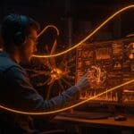 Diseñador trabajando con IA avanzada para infografías profesionales y fotorealismo, destacando Qwen-Image-2.0 para startups tech.