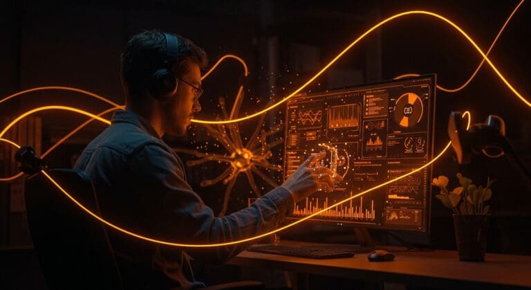 Diseñador trabajando con IA avanzada para infografías profesionales y fotorealismo, destacando Qwen-Image-2.0 para startups tech.