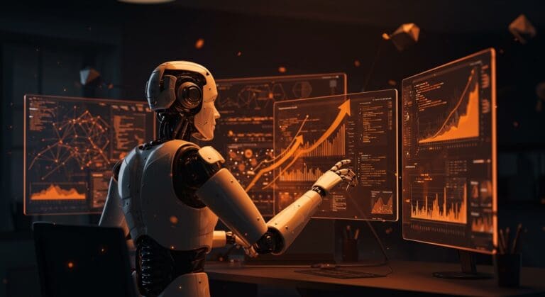 Robótica IA codificando automáticamente con eficiencia en un entorno tecnológico moderno, representando automatización y benchmarks en startups.