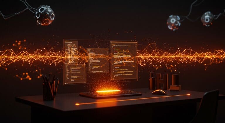 Interfaz holográfica de codificación con inteligencia artificial Qwen3-Coder-Next mostrando automatización avanzada y arquitectura ultra-sparse en ecosistema startup.