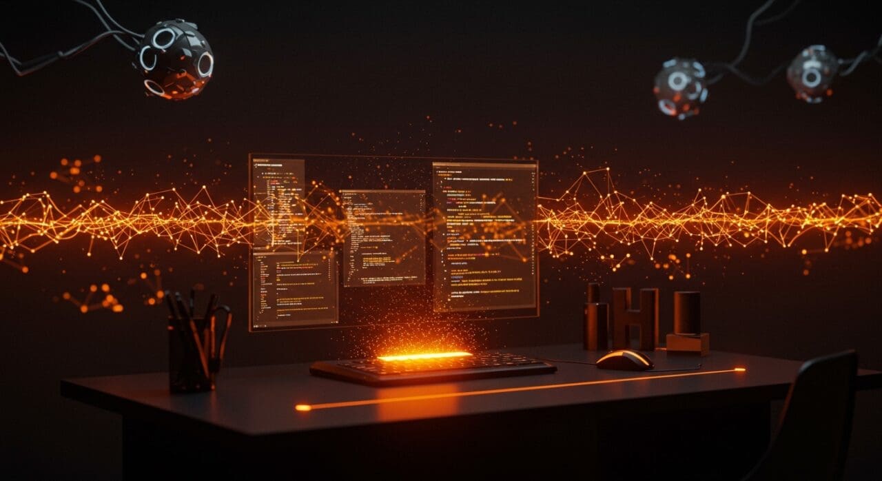 Interfaz holográfica de codificación con inteligencia artificial Qwen3-Coder-Next mostrando automatización avanzada y arquitectura ultra-sparse en ecosistema startup.