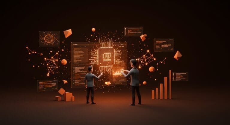 Automatización avanzada con IA aplicada en apps desktop representada por un desarrollador interactuando con interfaces holográficas sobre fondo en paleta Ecosistema Startup.