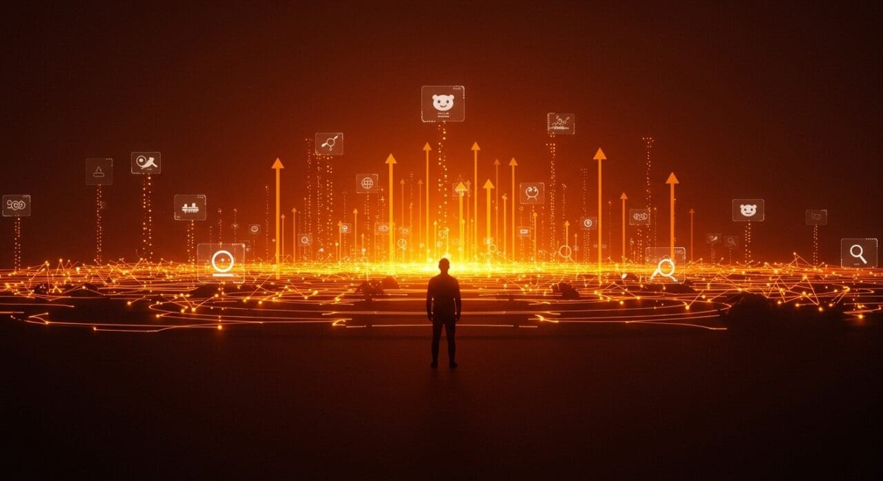 Búsqueda AI en Reddit simbolizada por una silueta frente a un horizonte digital, destacando oportunidades para startups y optimización en discovery digital.