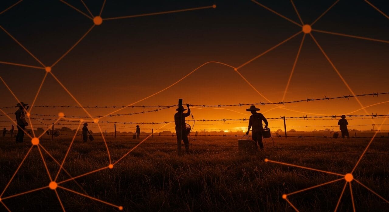 Redes telefónicas rurales descentralizadas creadas con alambre de púas, ilustrando innovación en telecomunicaciones rurales y tecnología alternativa.