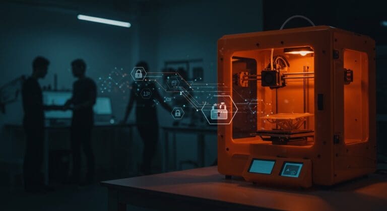 Impresora 3D moderna en un taller tecnológico, simbolizando la regulación y los retos para startups y makers en manufactura digital en Nueva York.