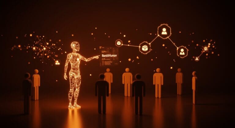 Imagen editorial que representa RentAHuman, la plataforma donde agentes de IA contratan humanos en la economía gig, destacando la automatización y el futuro del trabajo.