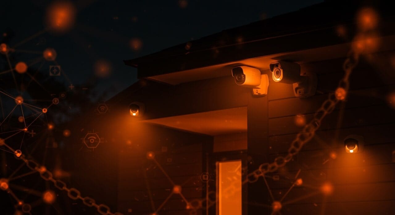 Red de vigilancia con IA de Ring en el Super Bowl 2026 mostrando cámaras y metáforas visuales de ética tecnológica para founders tech.