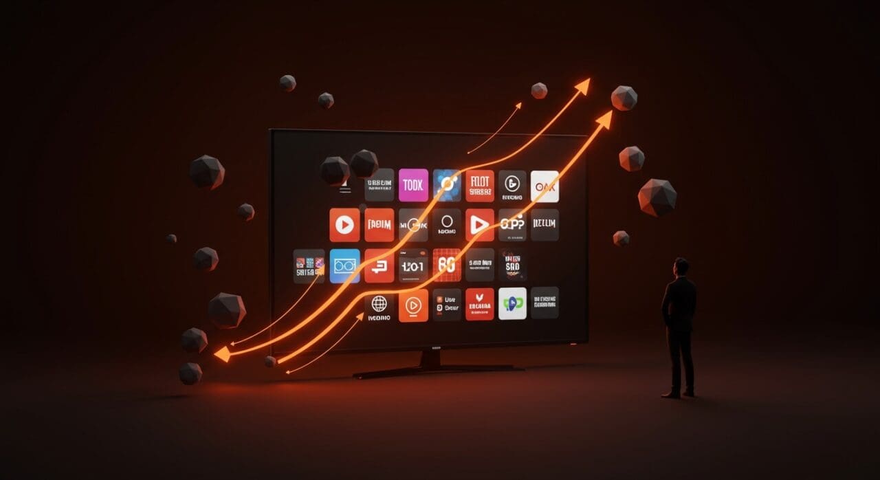 Roku mostrando paquetes de streaming en una pantalla moderna, simbolizando la rentabilidad y tendencia en plataformas OTT.