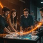 Convocatoria Ruta N para startups en Medellín mostrando emprendedores colaborando, aceleración, mentorías y expansión internacional.