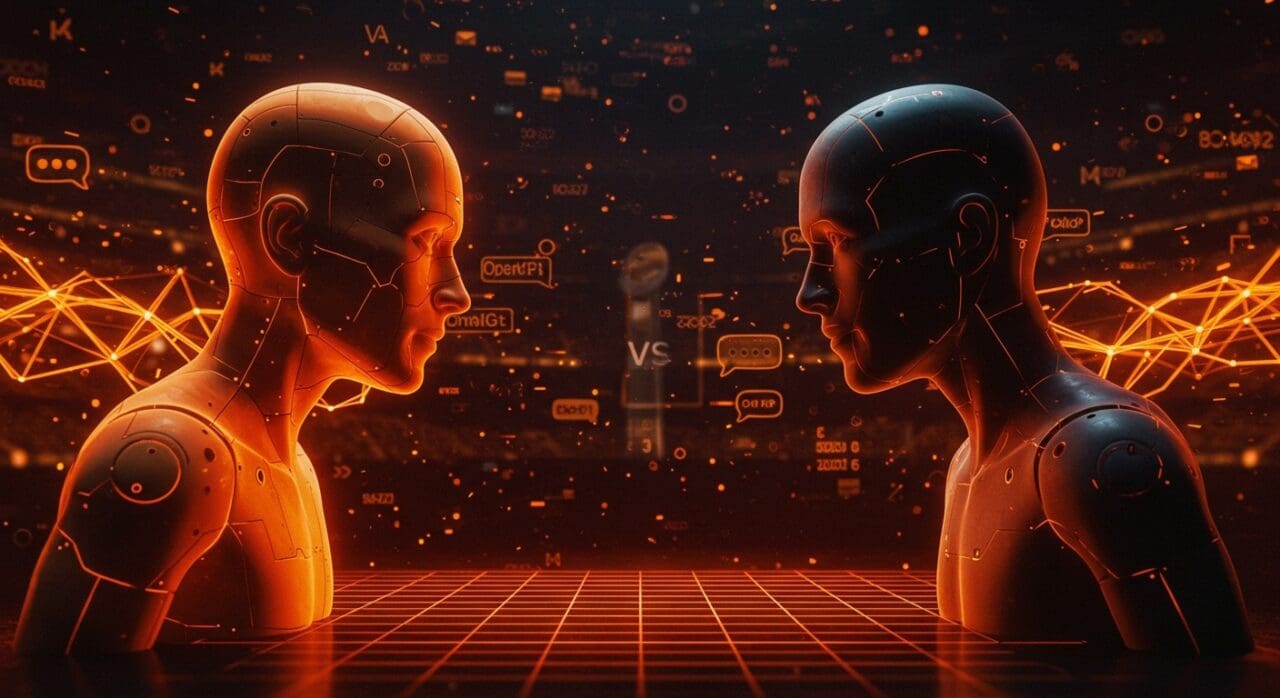 Rivalidad entre Sam Altman y Claude en IA durante el Super Bowl con metáforas visuales de competencia tecnológica entre OpenAI y Anthropic.