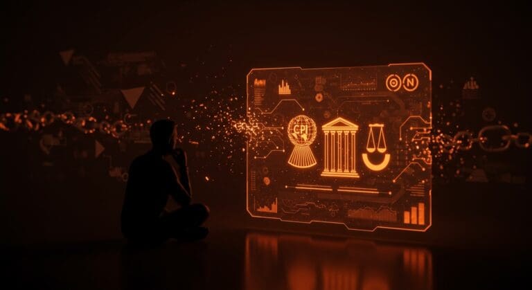 Silueta de fundador de startup tecnológica frente a holograma con símbolos de CPI y ONU, ilustrando sanciones internacionales y responsabilidad corporativa en tecnología y geopolítica.