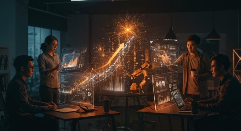 Startups tecnológicas en IA, legaltech, robótica y ciberseguridad atrayendo capital de riesgo en 2026 en un entorno colaborativo y futurista.