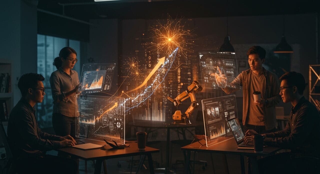 Startups tecnológicas en IA, legaltech, robótica y ciberseguridad atrayendo capital de riesgo en 2026 en un entorno colaborativo y futurista.