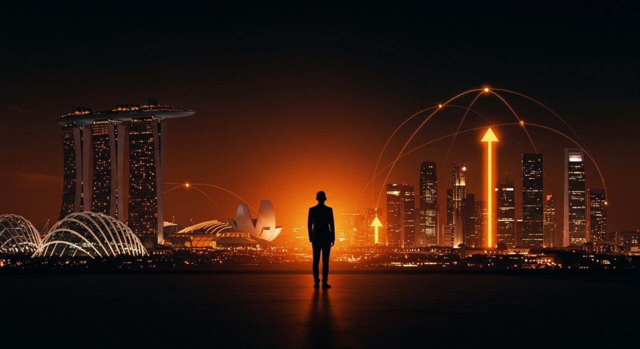 Comparativa visual entre los ecosistemas startup de Singapur y Emiratos Árabes Unidos destacando la transición en el modelo político y la innovación tecnológica en Asia y Medio Oriente.