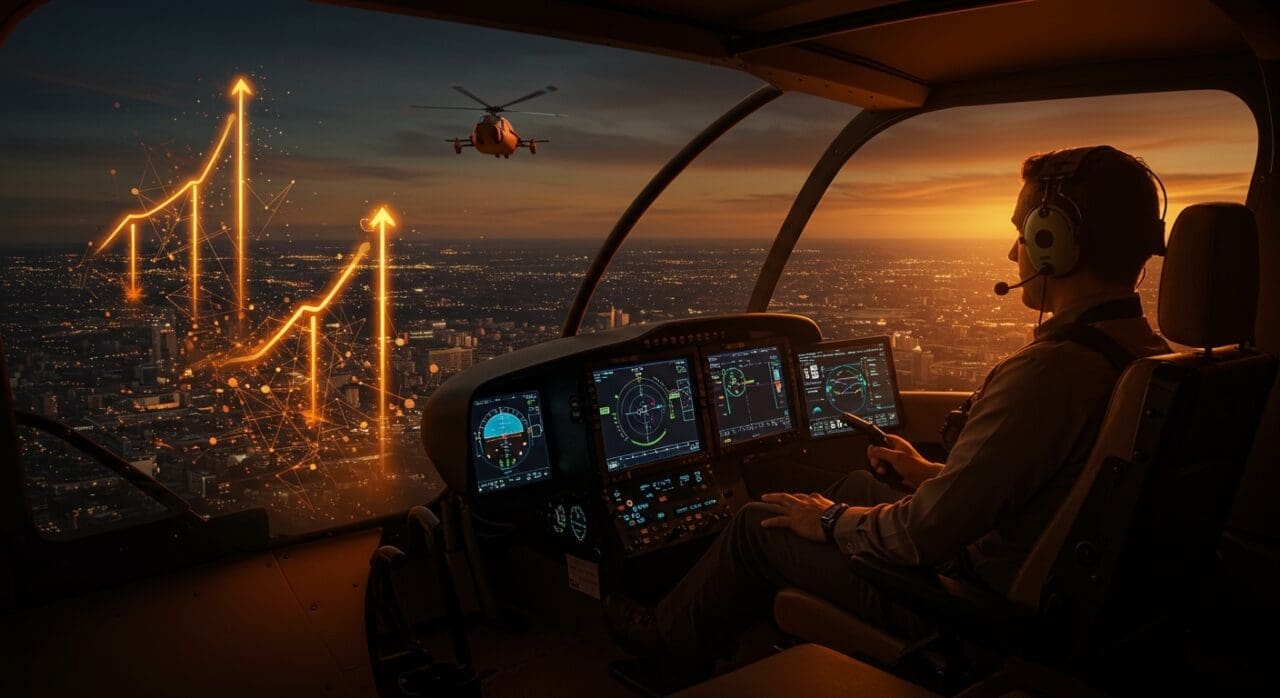 Automatización de vuelo en helicópteros con tecnología SkyOS, destacando financiamiento startup, certificación FAA y movilidad aérea urbana.