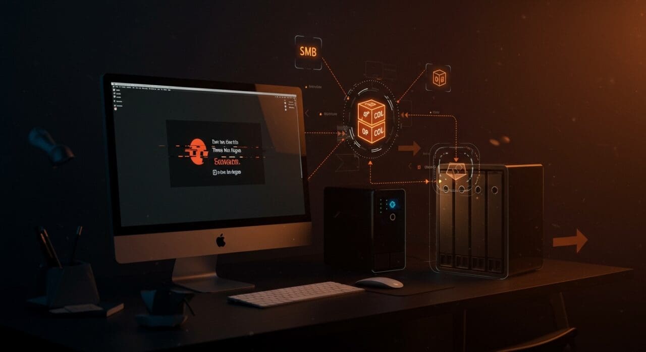 Solución visual para errores de Time Machine en macOS con Synology NAS y tecnología Docker en entorno automatizado.