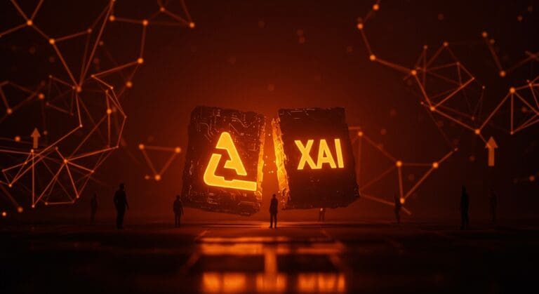 Fusión de SpaceX y xAI representada por una estructura tecnológica luminosa destacando innovación y crecimiento en el mercado tech global.