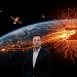 Elon Musk con centros de datos de inteligencia artificial en órbita destacando integración vertical entre SpaceX y xAI.