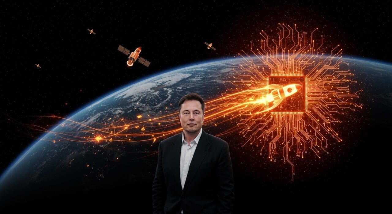 Elon Musk con centros de datos de inteligencia artificial en órbita destacando integración vertical entre SpaceX y xAI.