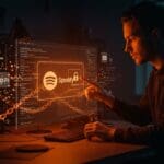 Desarrollador frente a interfaz futurista mostrando limitaciones en la API de Spotify y requisito de cuenta Premium para apps de música.