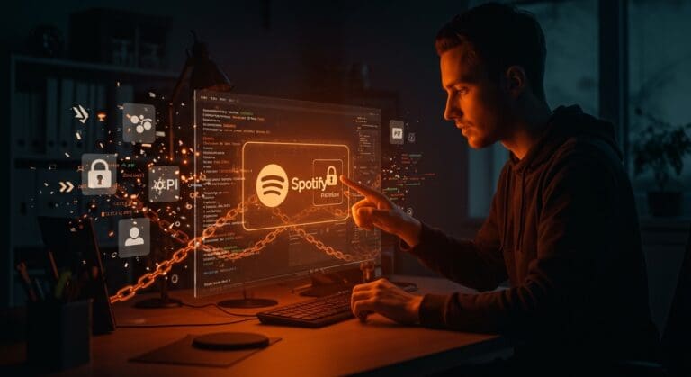 Desarrollador frente a interfaz futurista mostrando limitaciones en la API de Spotify y requisito de cuenta Premium para apps de música.