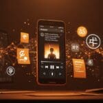 Interfaz digital de Spotify Premium mostrando letras offline y traducciones de canciones con metáforas visuales de experiencia de usuario y estrategia freemium.