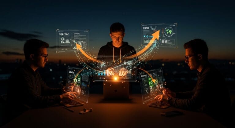 Tres startups del Biobío colaborando con hologramas tecnológicos que simbolizan innovación y aceleración en Start-Up Chile BIG 11.