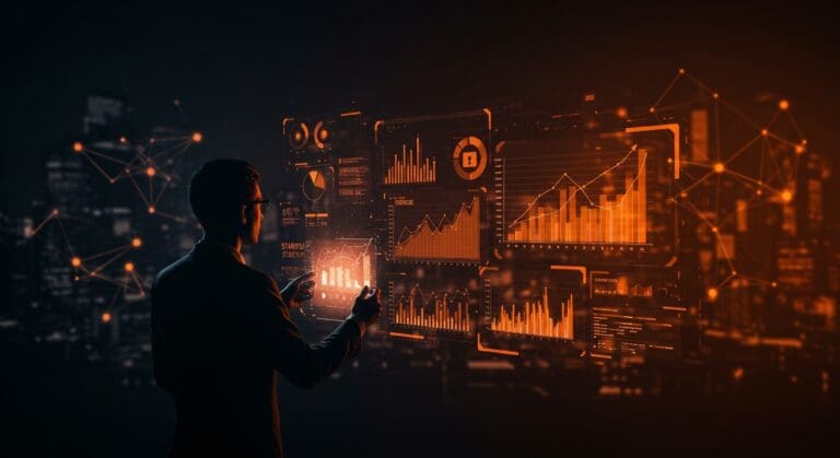 Emprendedor visualizando tendencias de financiamiento y tecnología en startups israelíes con metáforas de IA y ciberseguridad en paleta naranja y negro.