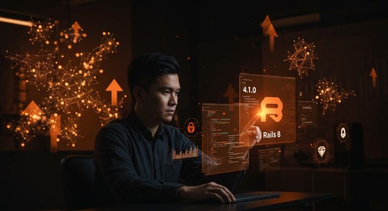 Desarrollador de software trabajando con interfaces holográficas que representan Ruby 4.0, Rails 8 y seguridad en RubyGems, destacando innovación tecnológica para startups en 2026.