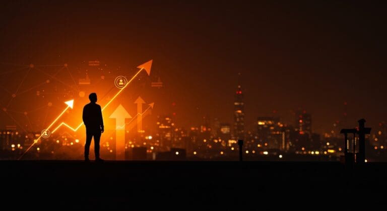 Silueta de founder contemplando una ciudad futurista en tonos naranja y negro, simbolizando las lecciones de Steve Jobs sobre resiliencia e innovación para emprendedores.