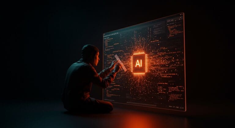 Desarrollador eliminando código generado por IA en un entorno tecnológico con elementos de transparencia y confianza en open source.