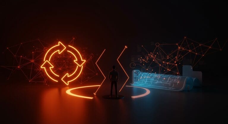 Founder de startup frente a caminos de diseño iterativo y Big Design Up Front con metáforas visuales de escalabilidad y arquitectura de software en paleta Ecosistema Startup.