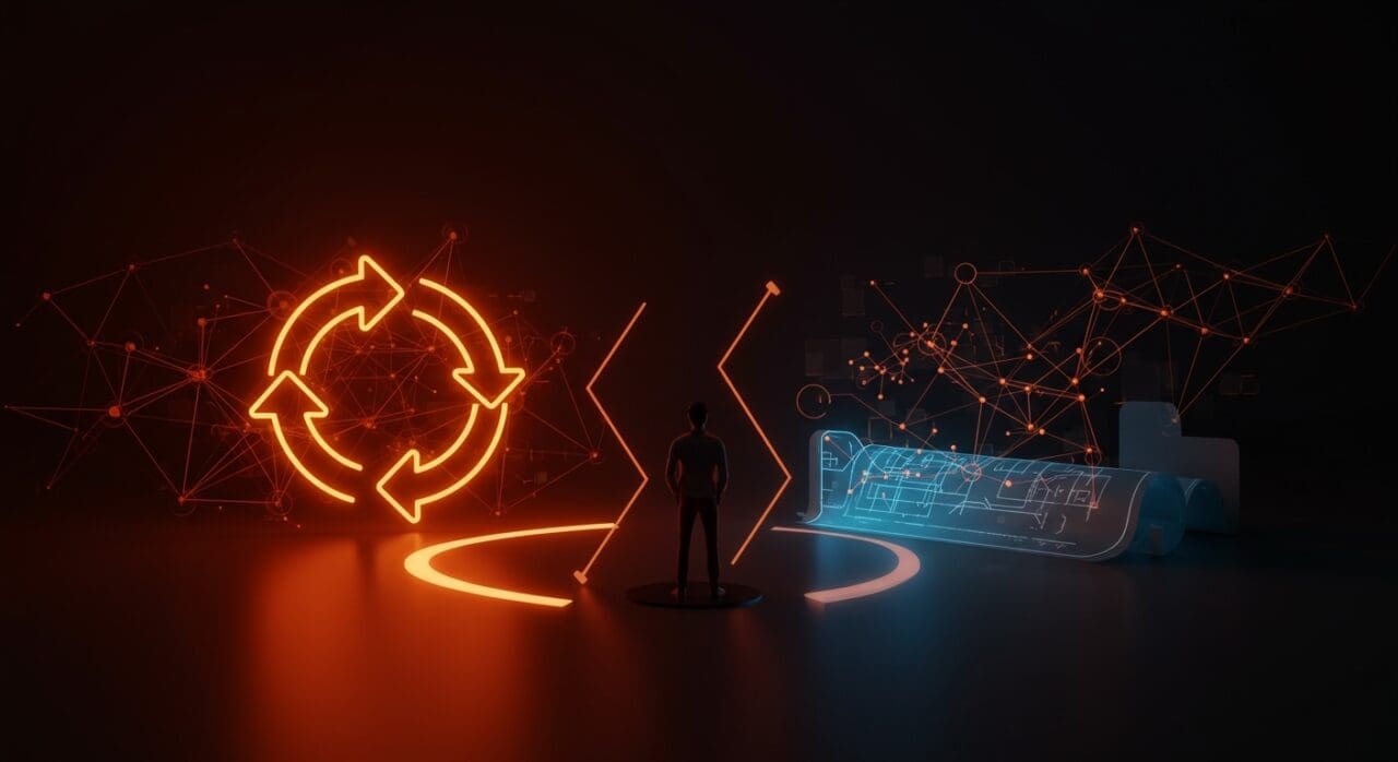 Founder de startup frente a caminos de diseño iterativo y Big Design Up Front con metáforas visuales de escalabilidad y arquitectura de software en paleta Ecosistema Startup.